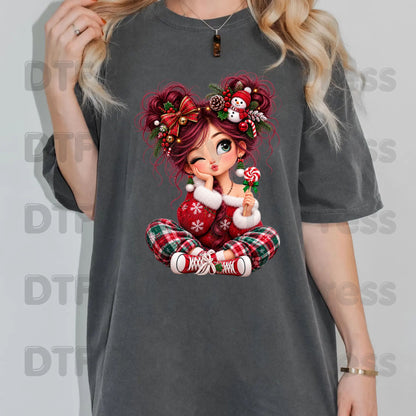 Christmas Girl DTF Transfers, Messy Bun Lollipop Cute Holiday Ready to Press