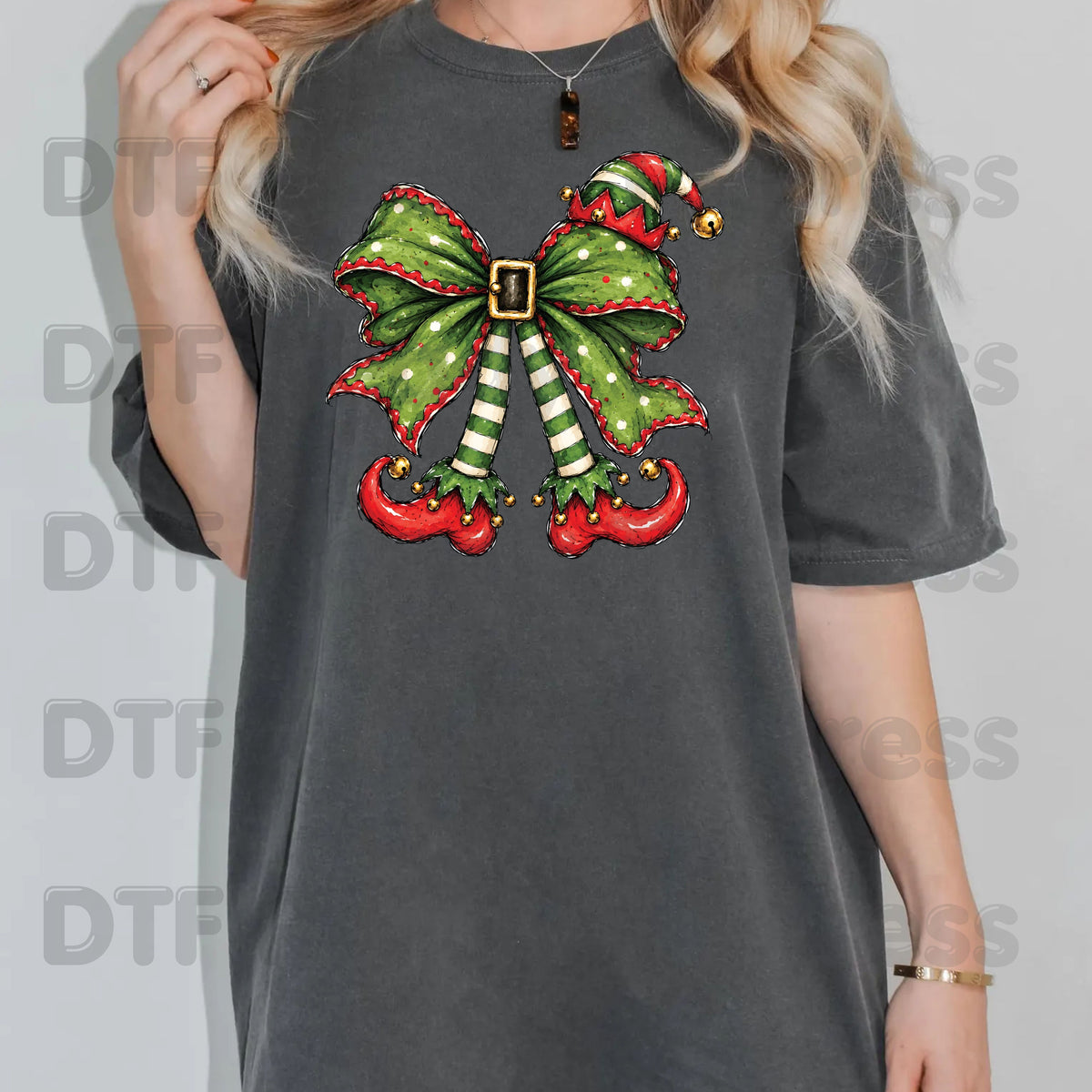 Christmas Elf DTF Transfer, Green Bow, Striped Legs and Hat