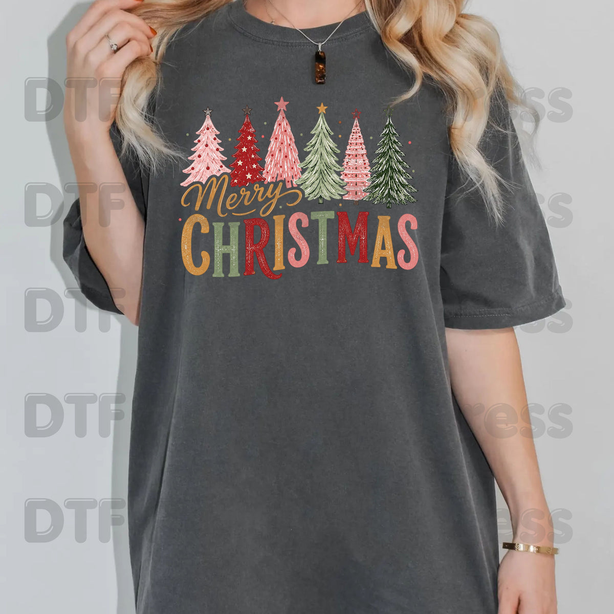 Christmas DTF Transfer, Colorful Christmas Trees, Gold Script