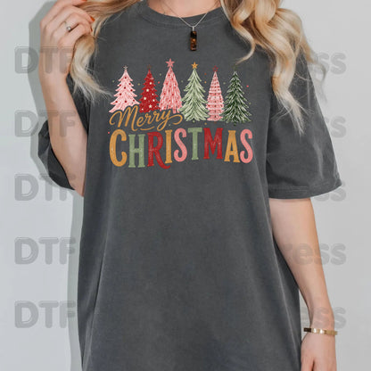 Christmas DTF Transfer, Colorful Christmas Trees, Gold Script
