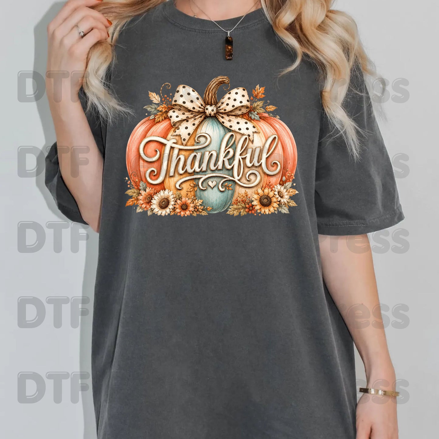 Thanksgiving Pumpkin DTF Transfer Ready to Press Thankful Heat Transfer For Shirts Polka Dot Bow Sunflowers Autumn Fall Vibe Floral Print