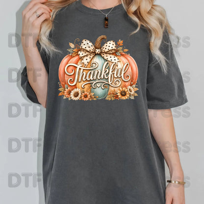 Thanksgiving Pumpkin DTF Transfer Ready to Press Thankful Heat Transfer For Shirts Polka Dot Bow Sunflowers Autumn Fall Vibe Floral Print