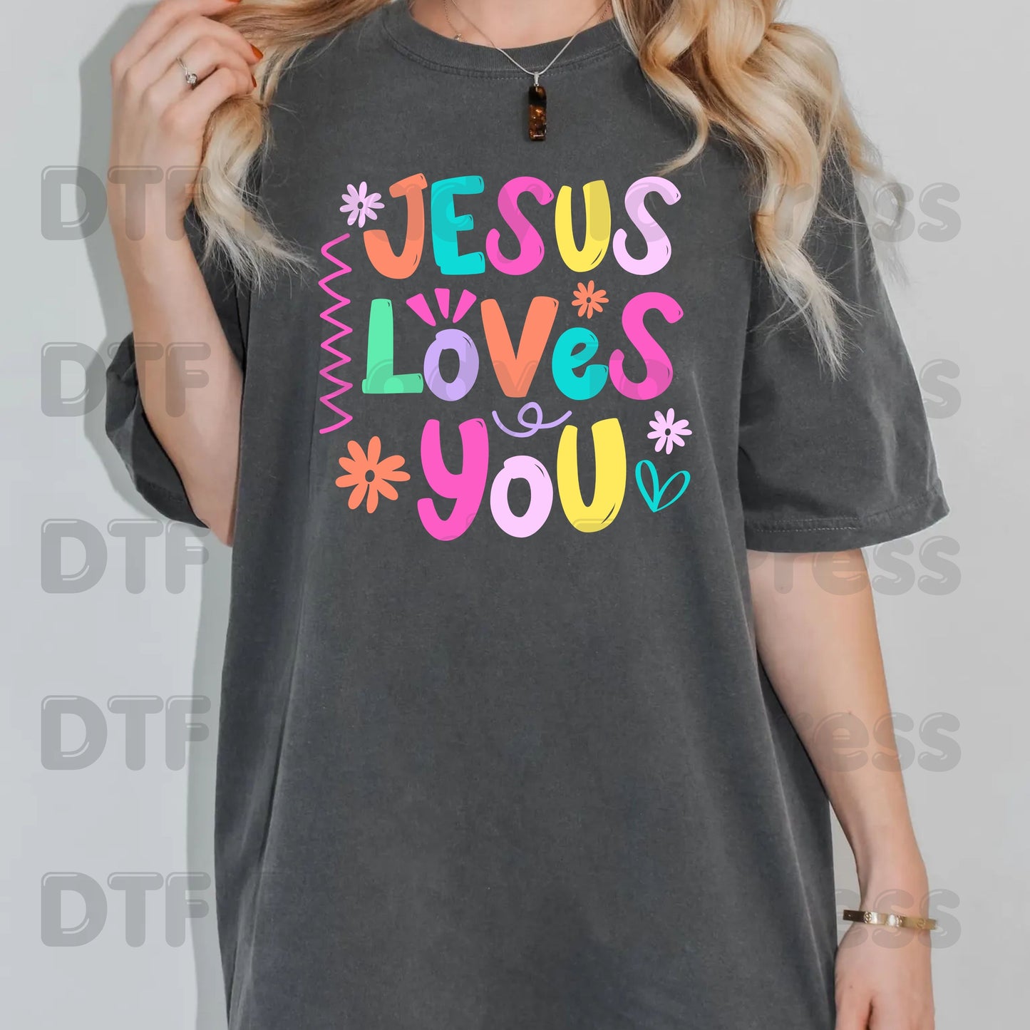 Jesus Loves You DTF Transfer Ready to Press Colorful Christian Heat Transfer For Shirts Retro Bright Faith Pastel Flower Graphic Print