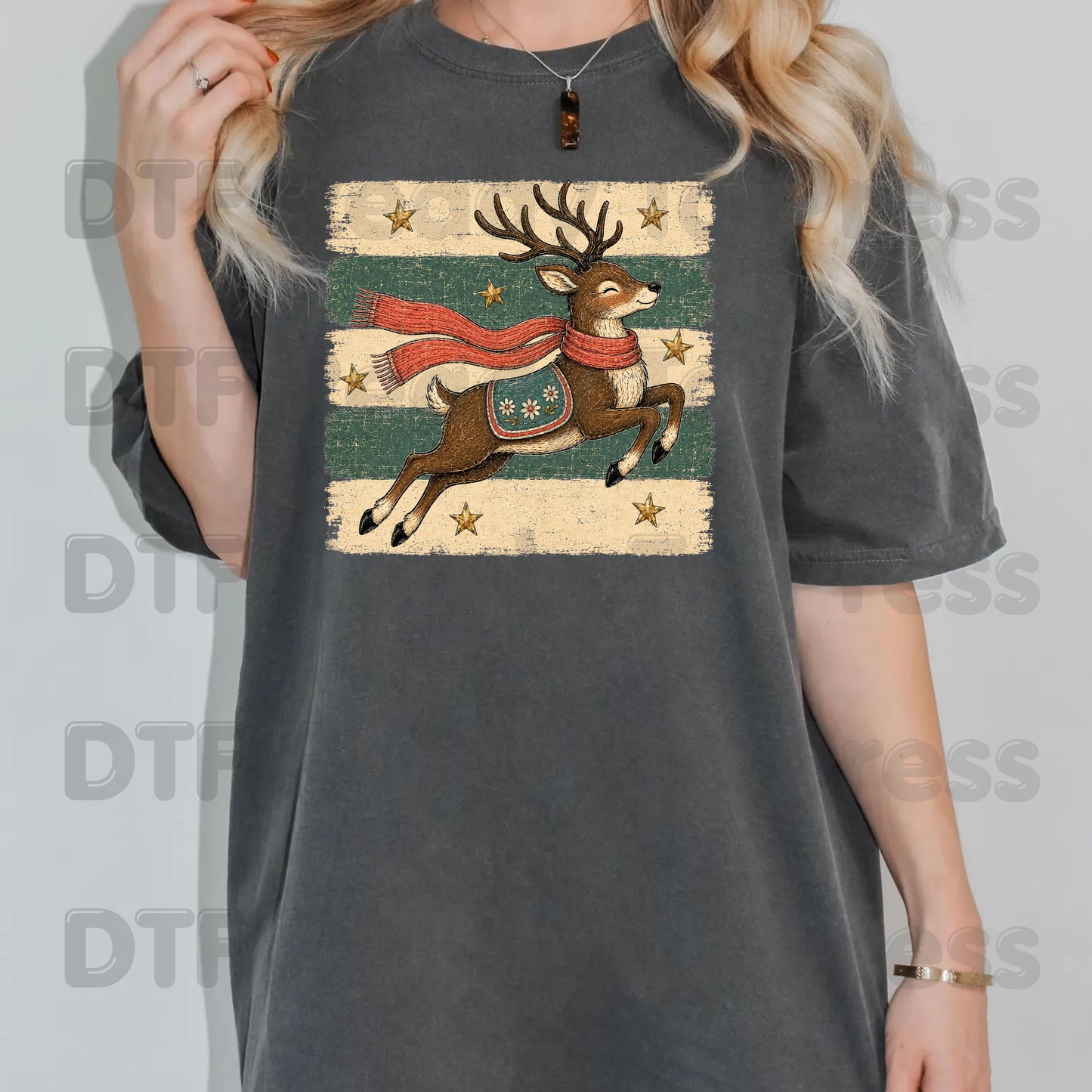 Vintage Christmas Reindeer DTF Transfers, Flying Reindeer Scarf Retro Winter Ready to Press