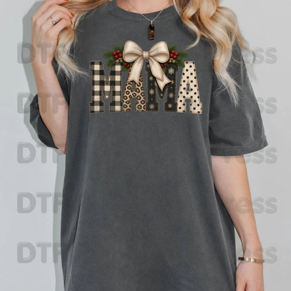 Christmas Mama DTF Transfers, Coquette Bow Buffalo Plaid Leopard Polka Dot Holiday Ready to Press
