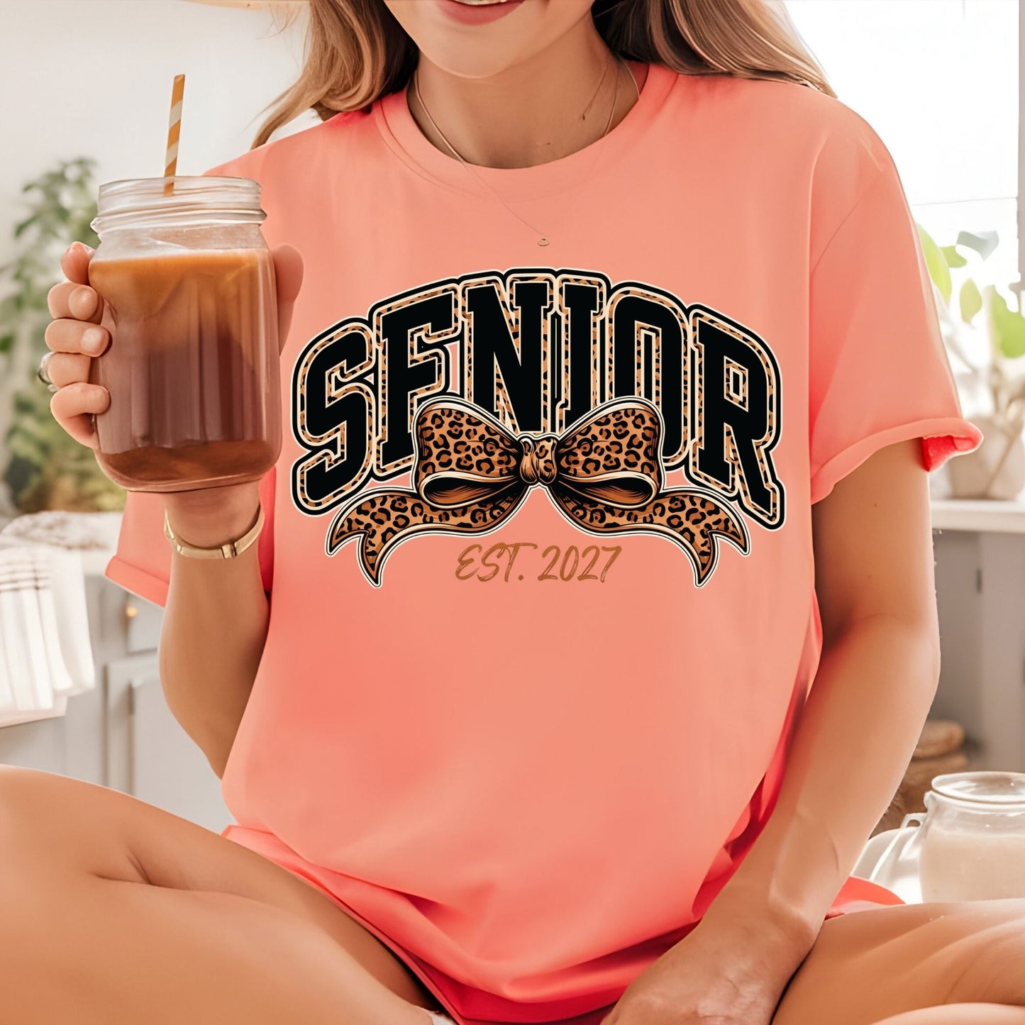 Senior Est 2027 DTF Transfer Ready to Press Graduation Heat Transfer for Shirts Black Orange Leopard Print Bow Varsity Font Tee