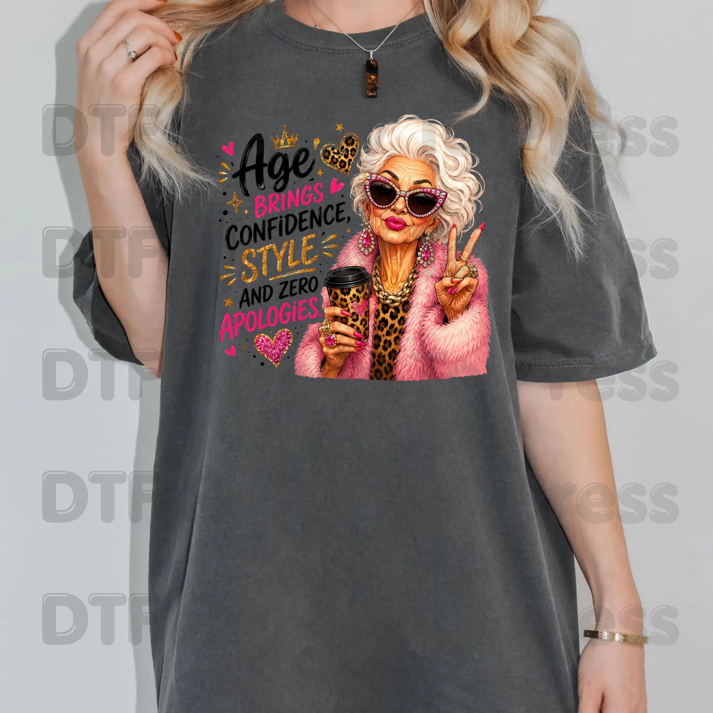 Age Brings Confidence DTF Transfers, Fabulous Glam Senior Woman Leopard Coffee Cup Ready to Press