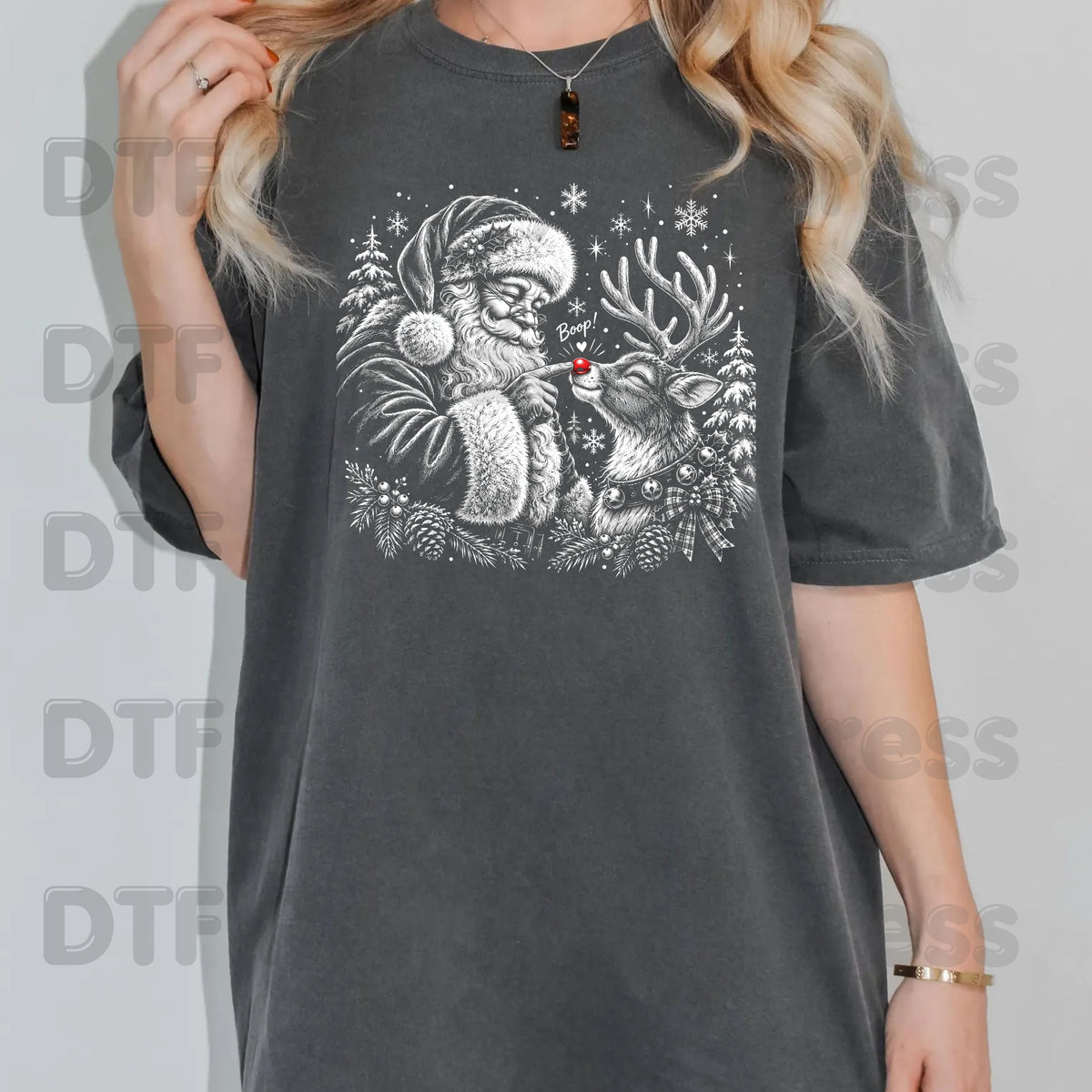 Christmas DTF Transfer, Vintage Santa Claus and Red Nose Reindeer Sketch
