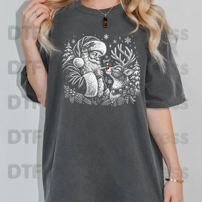 Christmas DTF Transfer, Vintage Santa Claus and Red Nose Reindeer Sketch