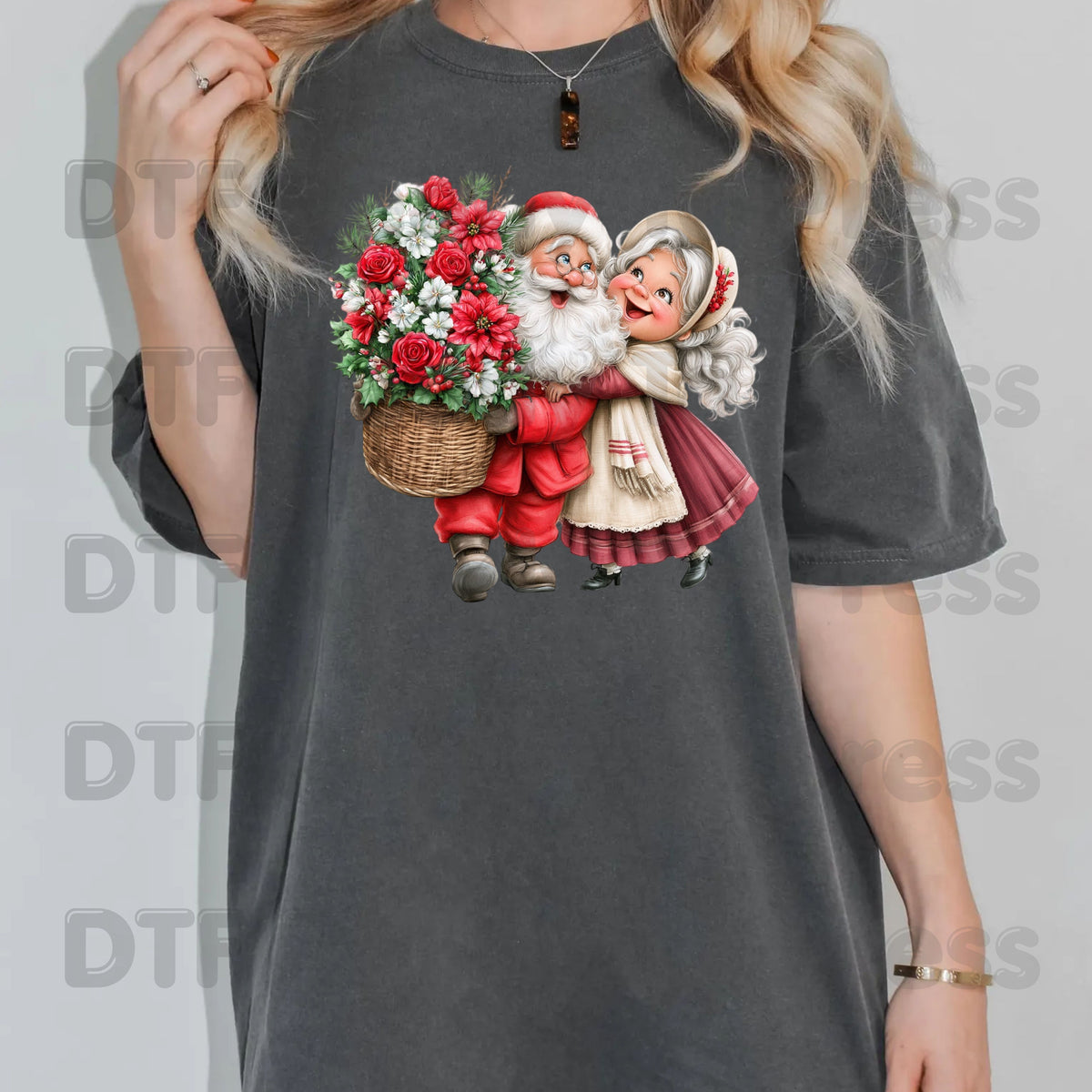 Santa Mrs Claus DTF Transfers, Vintage Christmas Couple Flowers Holiday Ready to Press