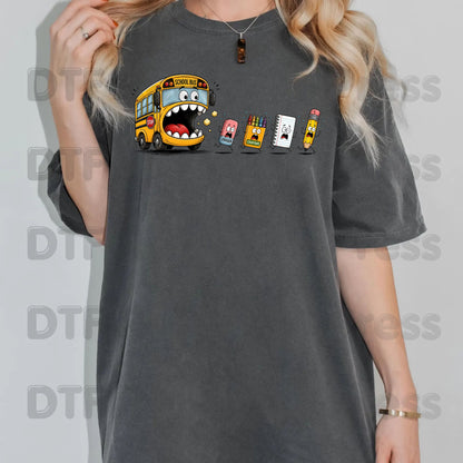 Funny School Bus Monster DTF Transfers, Back to School Chasing Supplies Teacher Life Kids Ready to Press