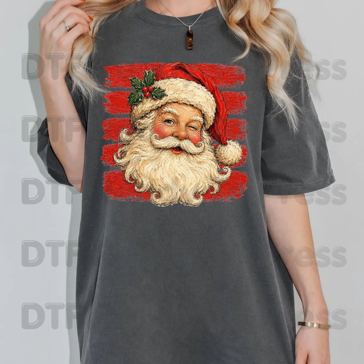 Vintage Winking Santa DTF Transfers, Retro Christmas Red Stripes Nostalgic Holiday Ready to Press