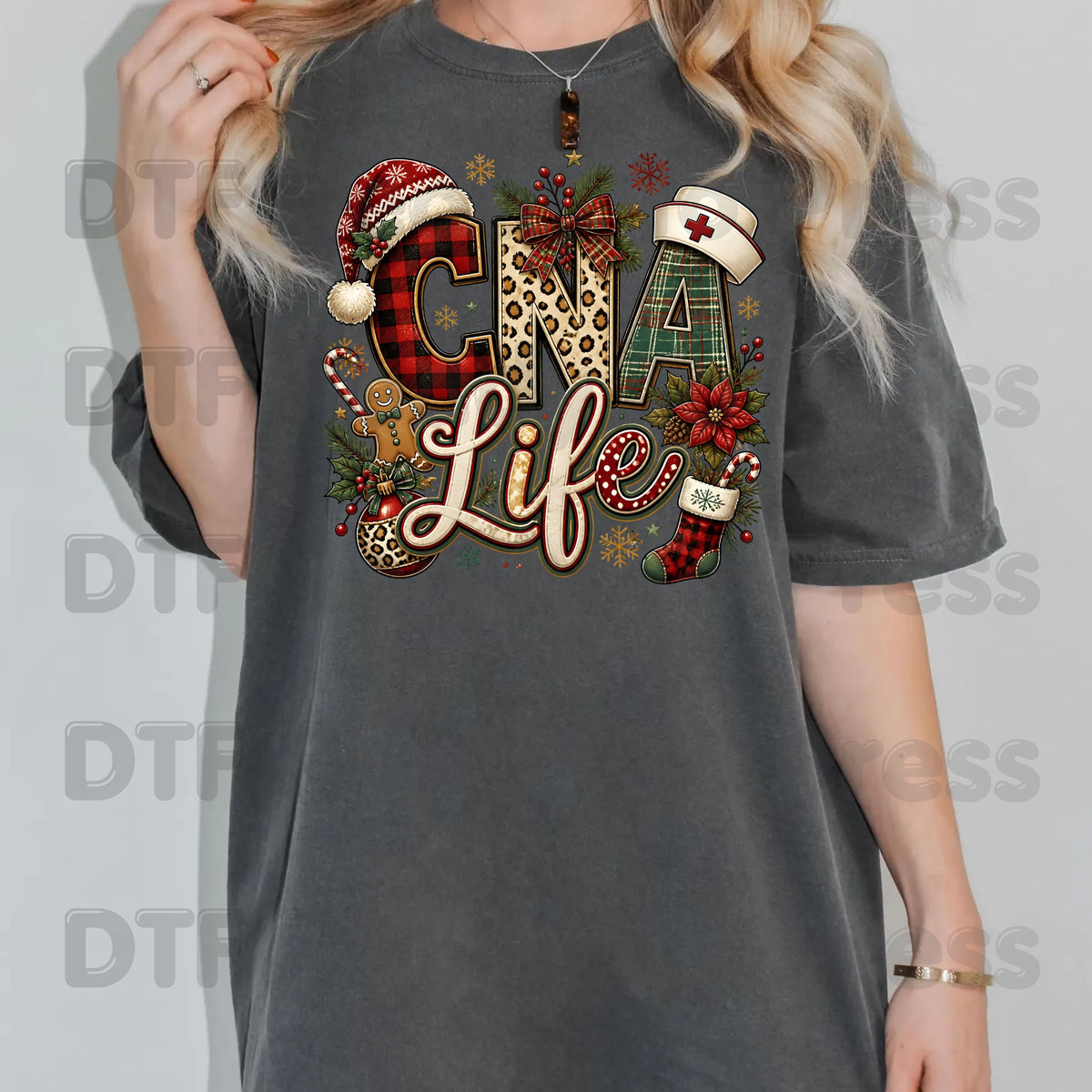 Christmas CNA Life DTF Transfers, Holiday Nurse Hat Plaid Leopard Medical Graphic Ready to Press