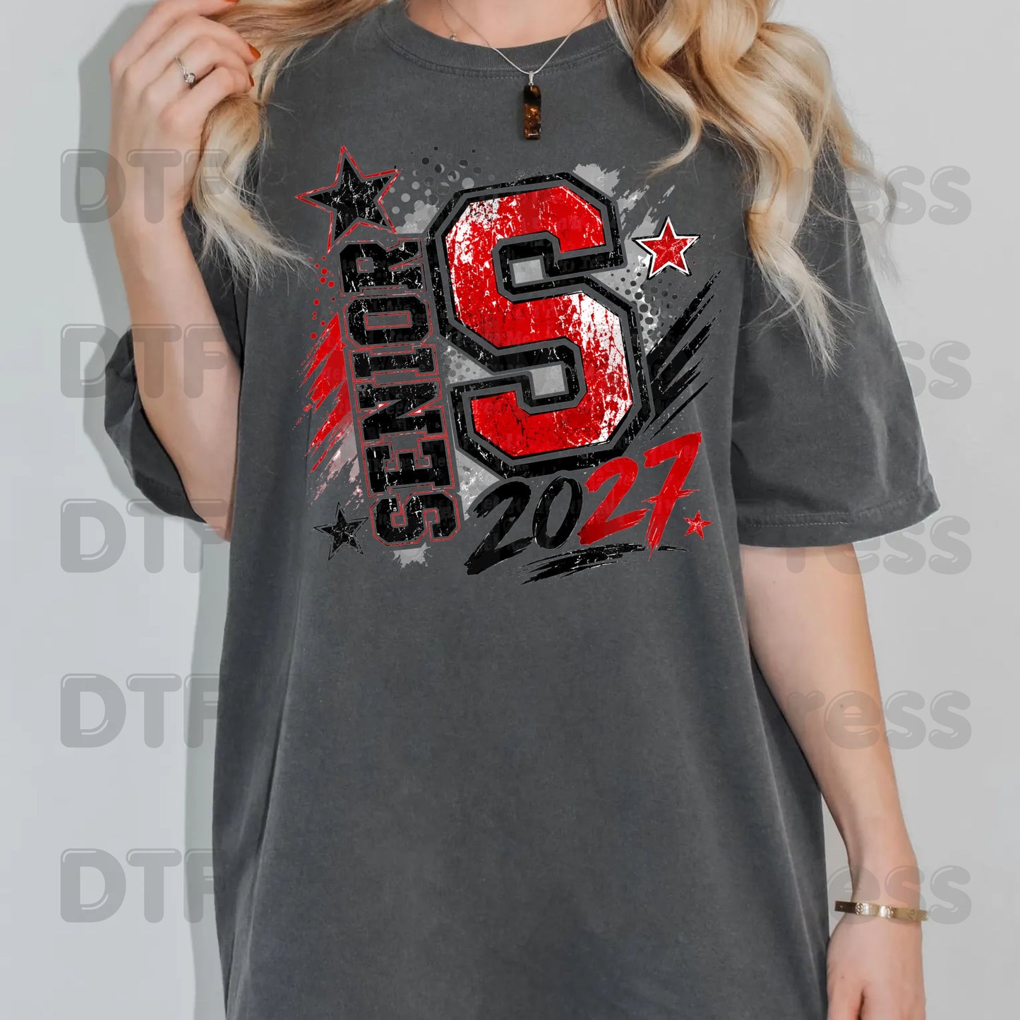 Senior 2027 DTF Transfers, Class of 2027 Red Black Distressed Letter Graduation Ready to Press