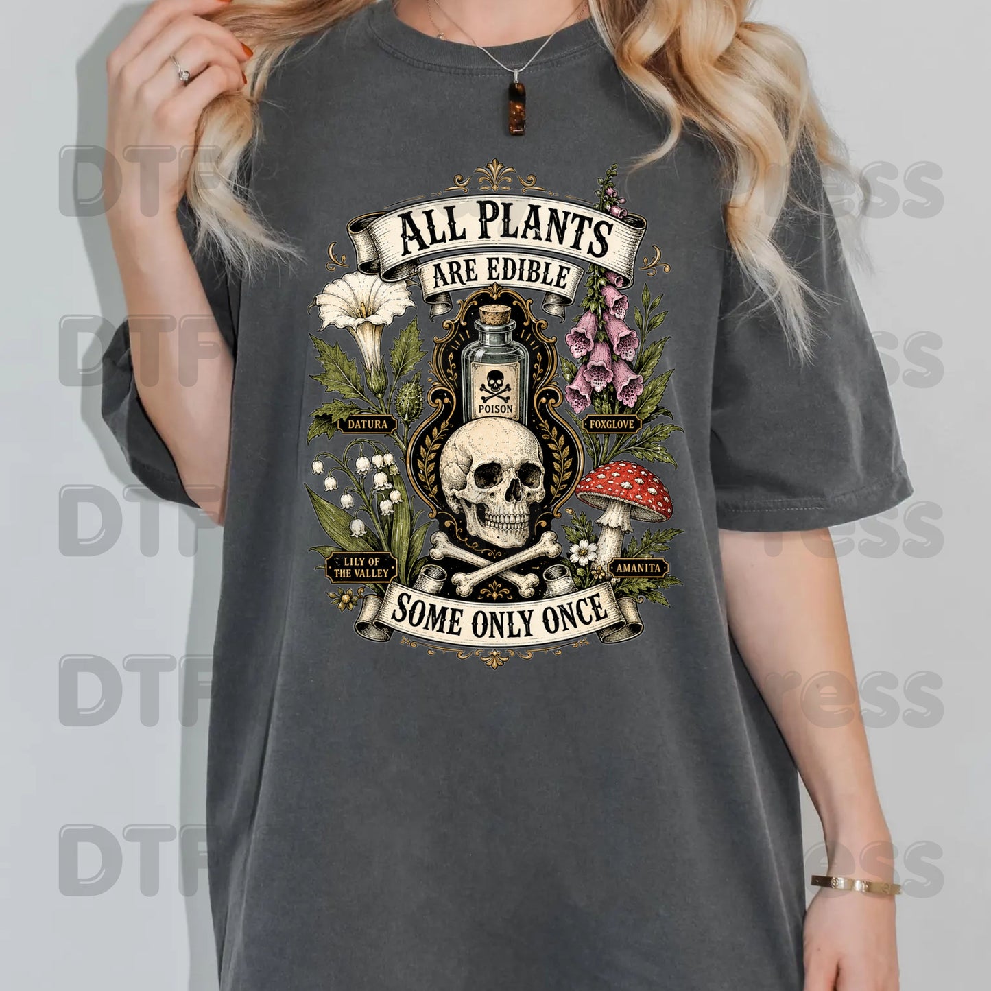 Funny Botanical DTF Transfers, All Plants Are Edible Some Only Once Poisonous Mushroom Skull Vintage Ready to Press