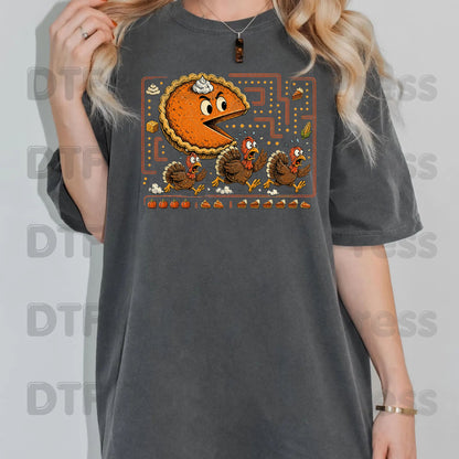 Funny Thanksgiving Pacman DTF Transfers, Pumpkin Pie Chasing Turkeys Maze Video Game Ready to Press