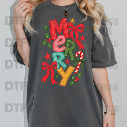 Christmas DTF Transfer, Merry Colorful Letters, Red Bow Candy Cane