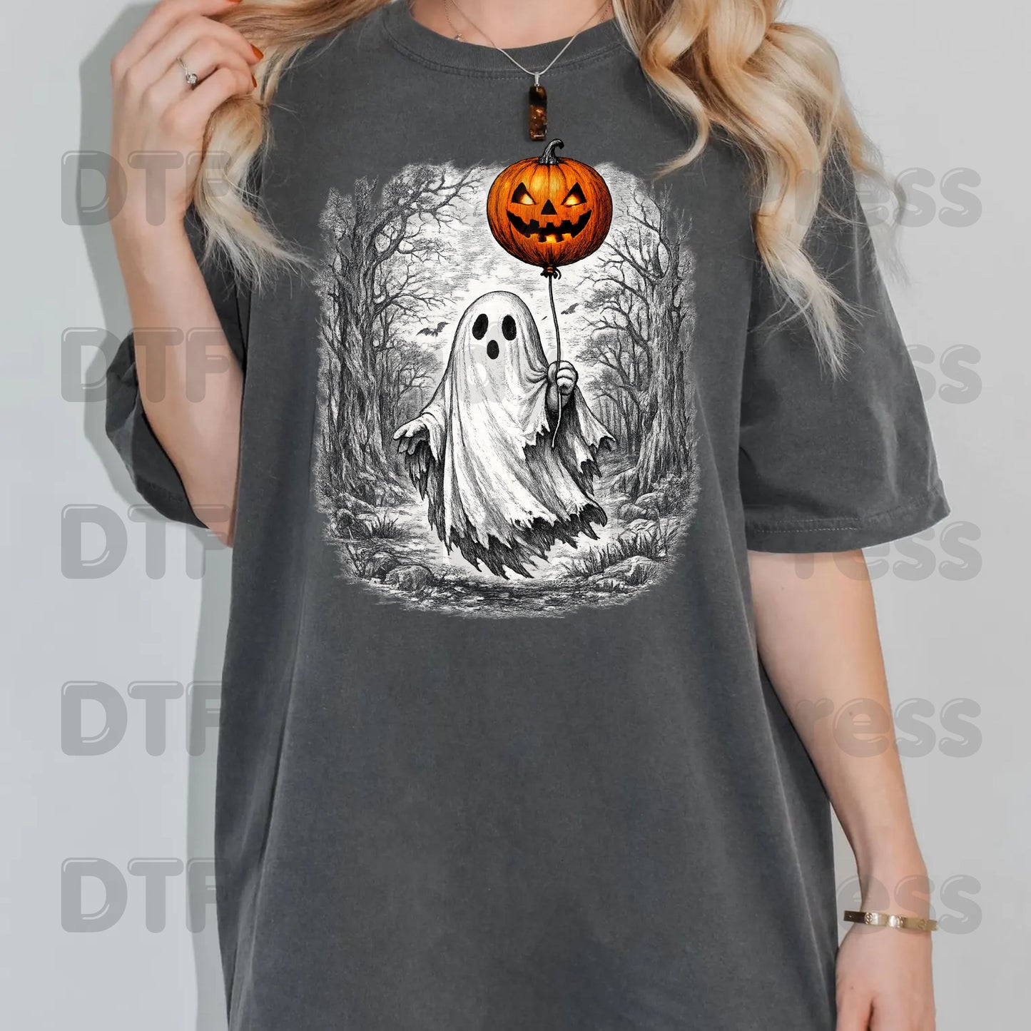 Vintage Halloween Ghost DTF Transfers, Pumpkin Balloon Spooky Forest Retro Ready to Press