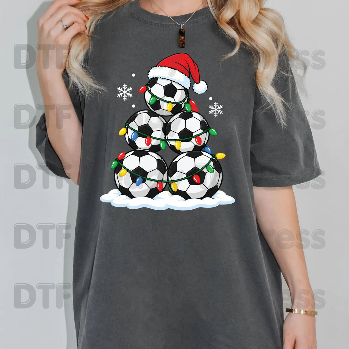 Christmas DTF Transfer, Soccer Ball Christmas Tree, Santa Hat and Lights Graphic