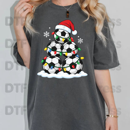 Christmas DTF Transfer, Soccer Ball Christmas Tree, Santa Hat and Lights Graphic