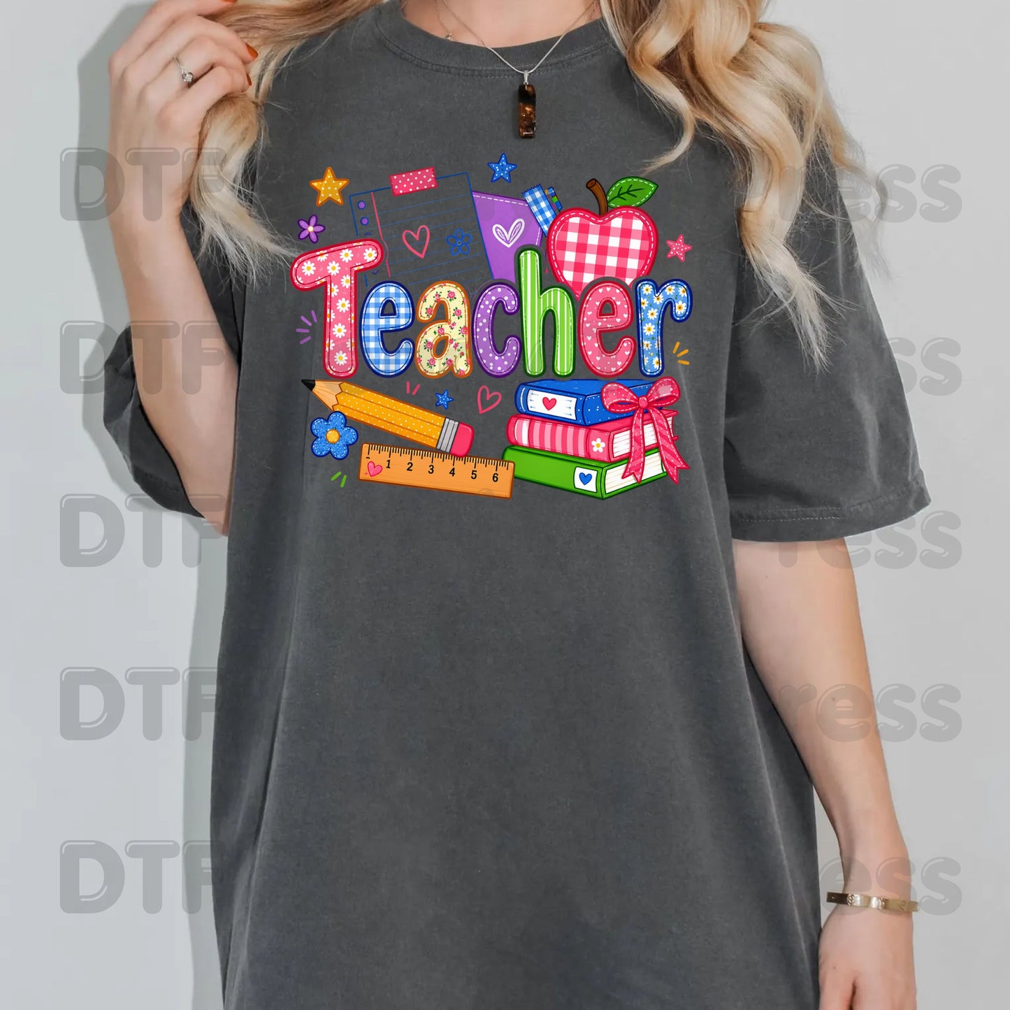 Teacher Apple Books Pencil DTF Transfers, Colorful School Supplies Back to School Ready to Press