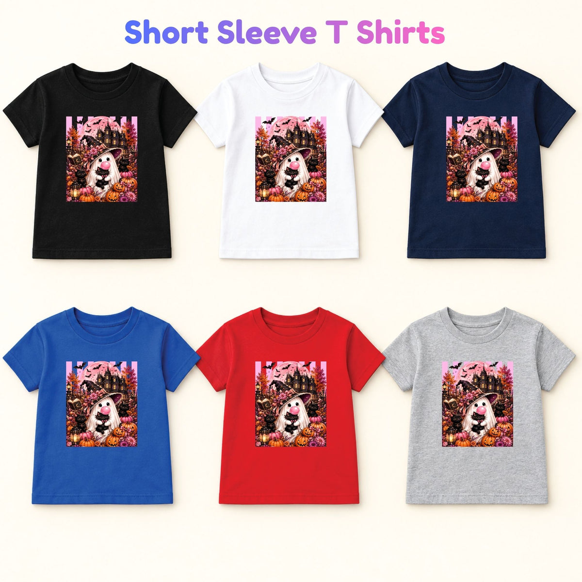 Pink Ghost Halloween T-Shirt, Witch Ghost Bubble Gum Black Cat Spooky Cute Tee for Toddler and Kids