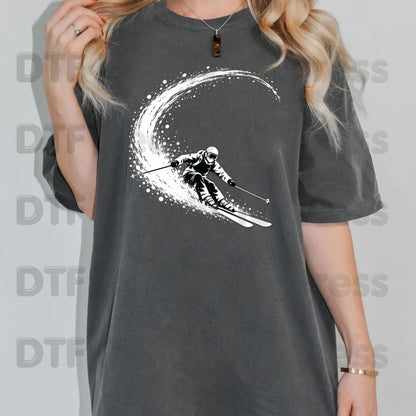 Skiing DTF Transfer, Skier with Snow Spray, Winter Sports Graphic