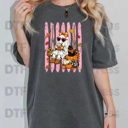 Halloween Ghost DTF Transfer Ready to Press Pink Cute Ghost Swing Heat Transfer For Shirts Spooky Vibes Pumpkin Spice Black Cat Autumn
