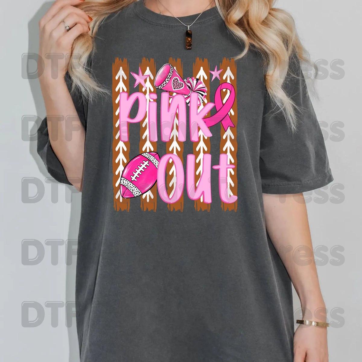 Pink Out DTF Transfers, Breast Cancer Awareness Cheer Football Megaphone Coquette Bow Ready to Press
