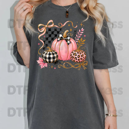 Pink Coquette Fall Pumpkin DTF Transfers, Leopard Plaid Ribbon Bow Checkered Autumn Ready to Press