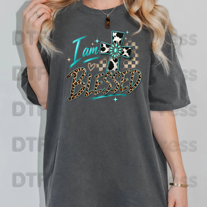 I Am Blessed DTF Transfers, Western Cross Cow Print Turquoise Leopard Faith Ready to Press
