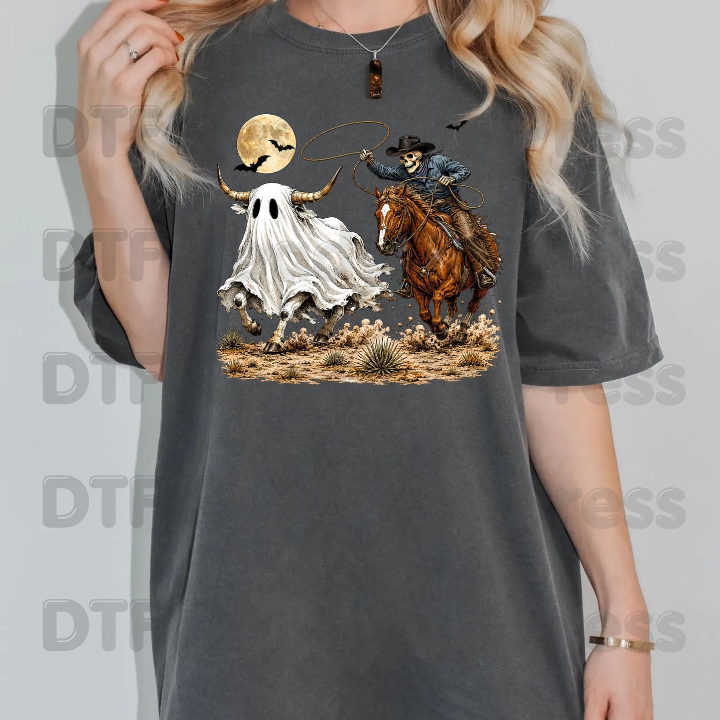 Halloween DTF Transfers, Skeleton Cowboy Ghost Bull Lasso Western Spooky Rodeo Ready to Press