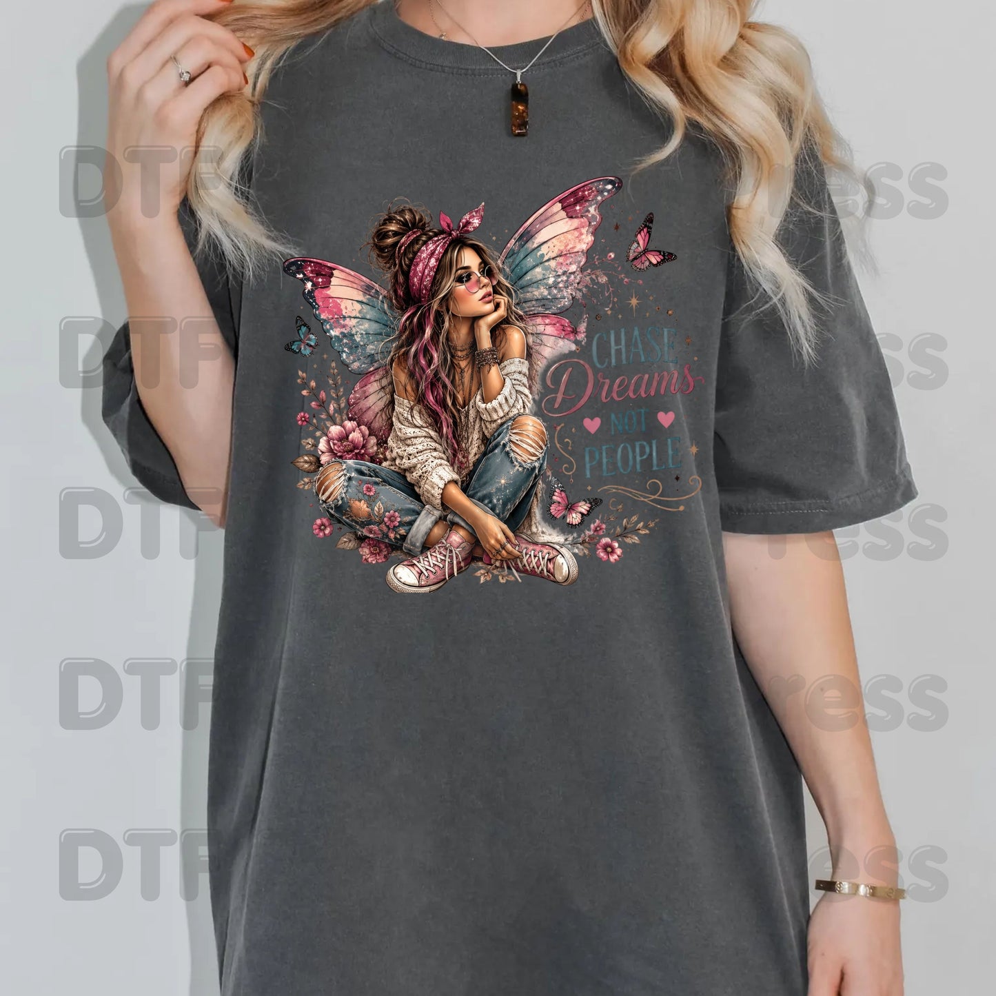 Chase Dreams Not People Fairy DTF Transfers, Boho Fairy Girl Butterfly Wings Inspirational Ready to Press