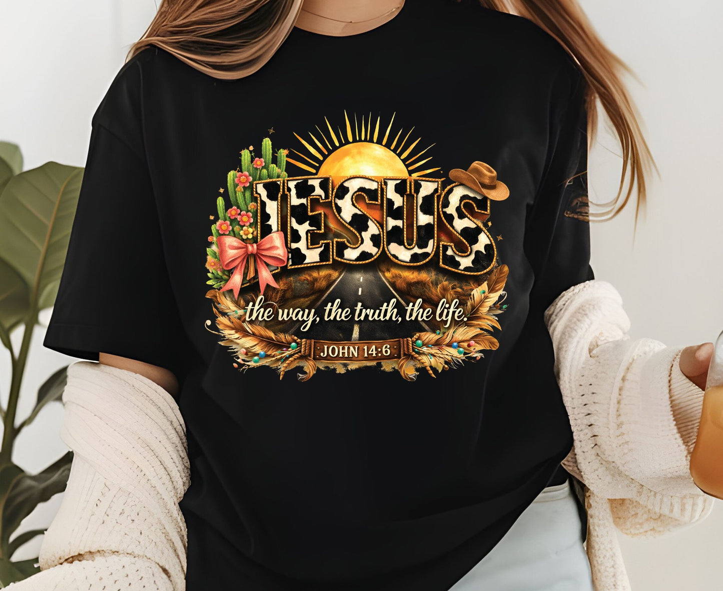 Jesus John 14:6 T Shirt Western Cow Print Tee Christian Way Truth Life Shirt Religious Gift Adult Youth Toddler Baby Boho Cowboy Apparel