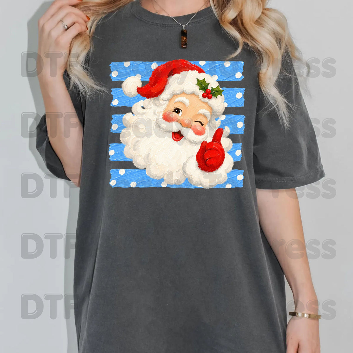 Vintage Winking Santa DTF Transfers, Blue Striped Background Christmas Holiday Ready to Press
