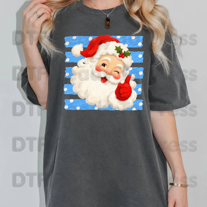 Vintage Winking Santa DTF Transfers, Blue Striped Background Christmas Holiday Ready to Press