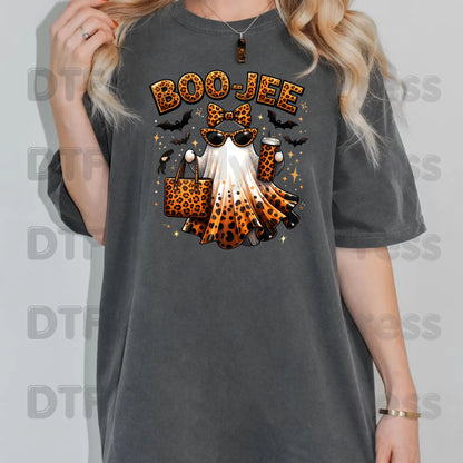 Halloween DTF Transfer Ready to Press Leopard Print Boojee Ghost with Purse Tumbler Glasses Heat Transfer Shirts Trendy Spooky Vibes Tees