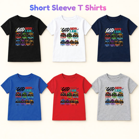God Says I Am Monster Trucks Christian T-Shirt, Bible Verse Kids Religious Graphic Tee
