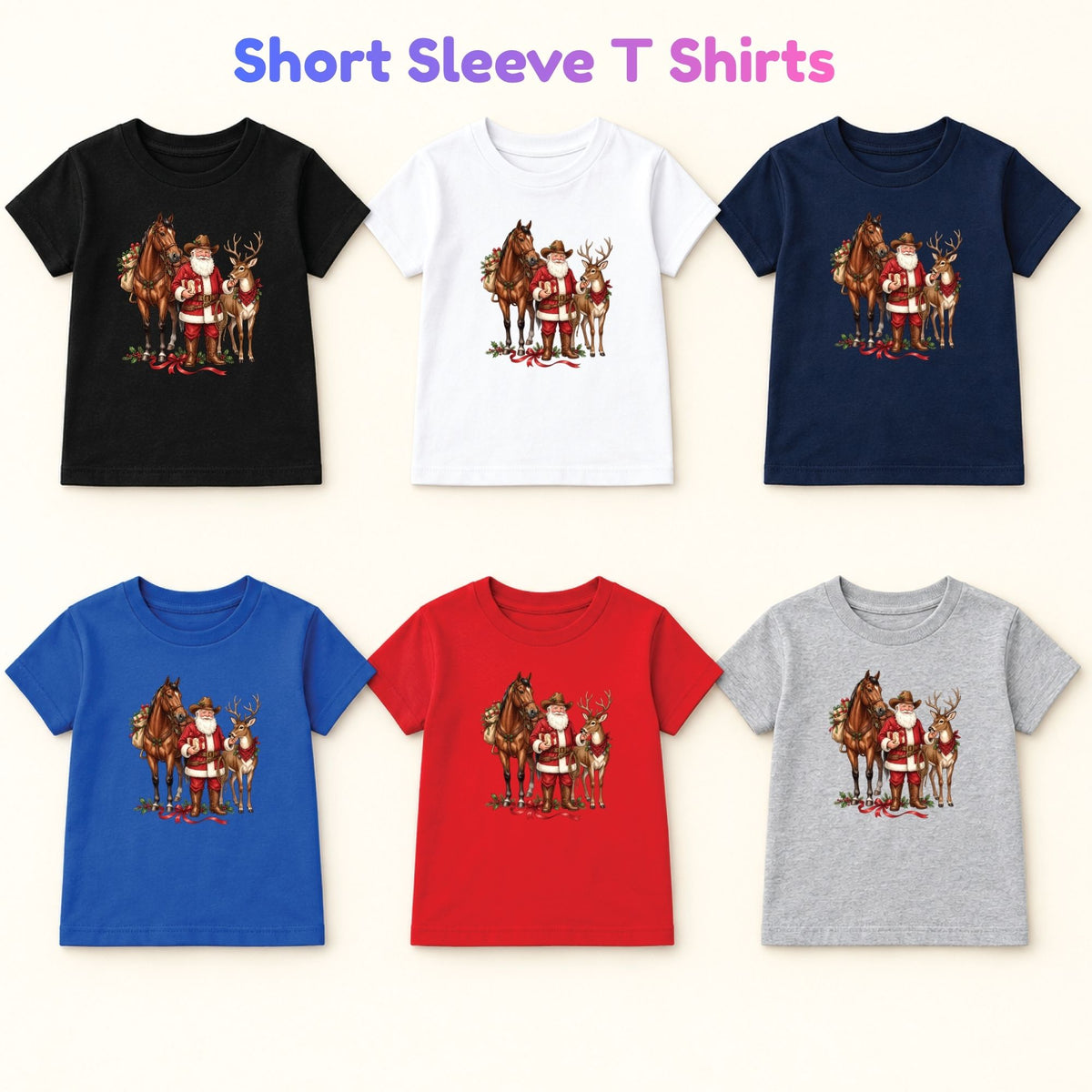 Cowboy Santa Christmas T-Shirt, Western Santa with Horse and Reindeer Graphic Tee, Country Holiday Shirt