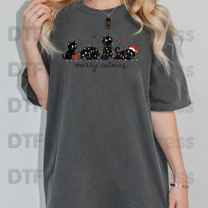 Christmas Cat DTF Transfer, Merry Catmas Cute Kittens and Lights
