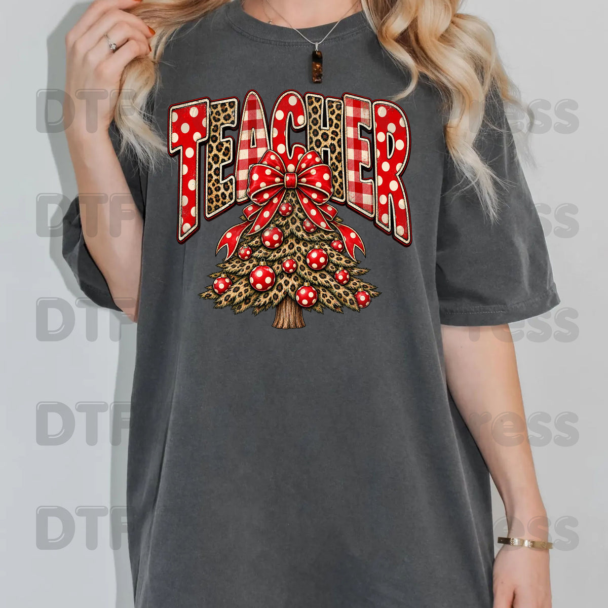 Christmas Teacher Tree DTF Transfers, School Leopard Plaid Red Bow Holiday Ready to Press