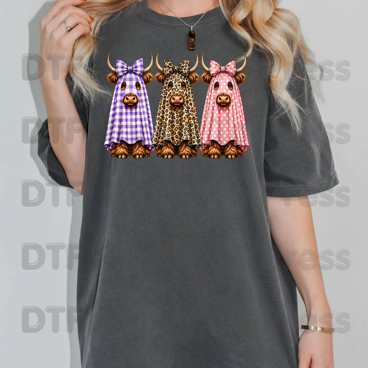 Highland Cow Ghost DTF Transfers, Halloween Spooky Cow Leopard Polka Dot Bow Ready to Press