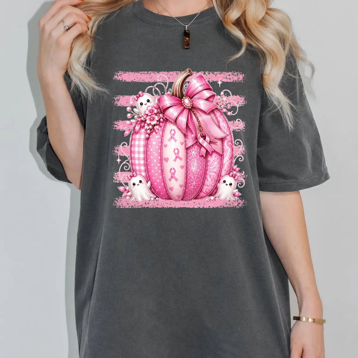 Pink Pumpkin Breast Cancer Awareness DTF Transfer Ready to Press Heat Transfer Spooky Ghost Bow Tee