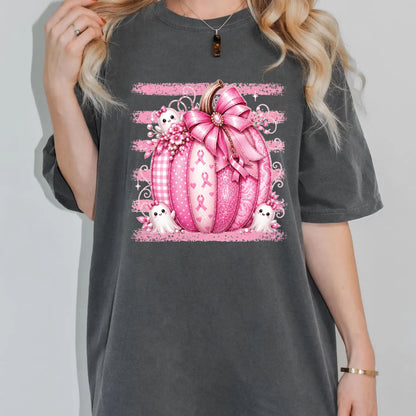 Pink Pumpkin Breast Cancer Awareness DTF Transfer Ready to Press Heat Transfer Spooky Ghost Bow Tee