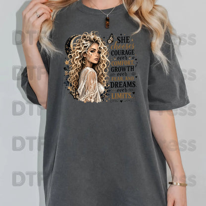 She Chooses Courage DTF Transfers, Blonde Woman Crescent Moon Butterfly Inspirational Ready to Press