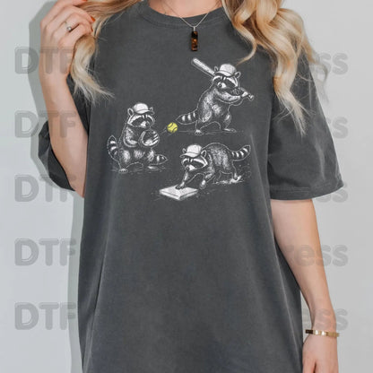 Baseball DTF Transfer, Raccoons Playing Baseball with Yellow Ball Graphic