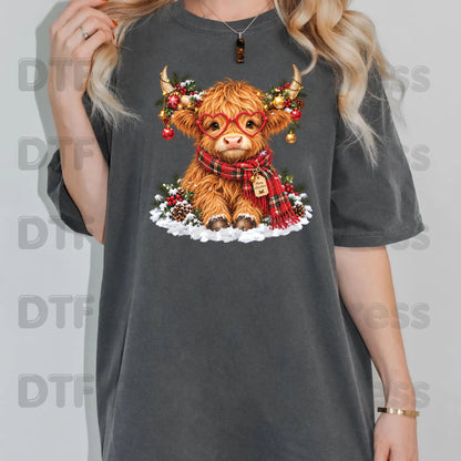 Christmas DTF Transfer, Highland Cow with Heart Glasses, Scarf and Ornaments