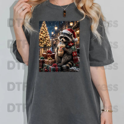 Christmas Raccoon DTF Transfers, Santa Hat Coffee Drink Cute Holiday Winter Ready to Press
