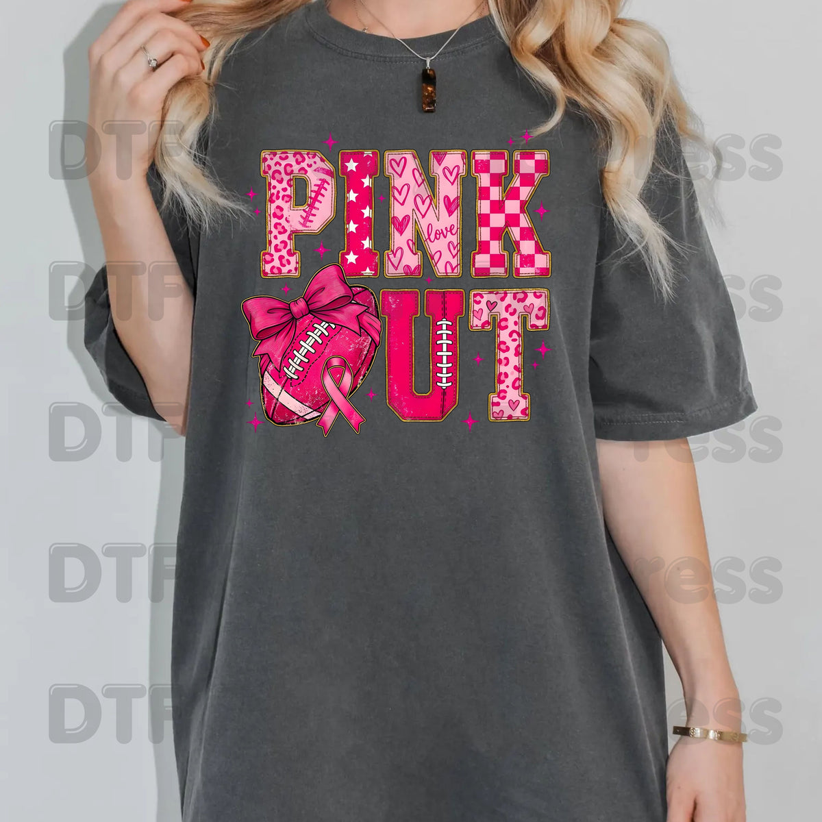 Pink Out DTF Transfers, Breast Cancer Awareness Football Coquette Bow Pink Ready to Press