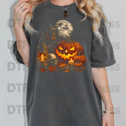 Vintage Haunted House Pumpkin DTF Transfers, Lantern Jack O Lantern Halloween Spooky Autumn Ready to Press